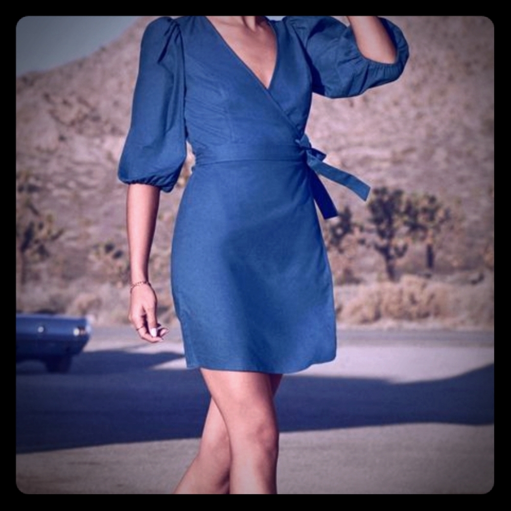 JustFab Teal Puff Sleeved Wrap Dress